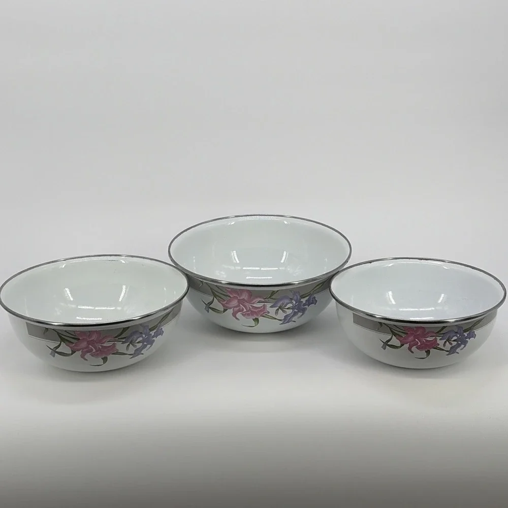 3 Vintage  Enameled Mixing Bowls Iris / Floral pattern GMI - Dishwasher Safe